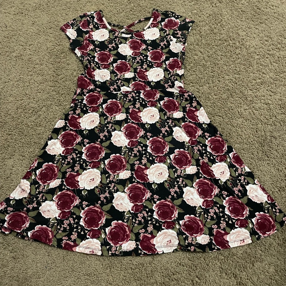 Dress, black with maroon flowers